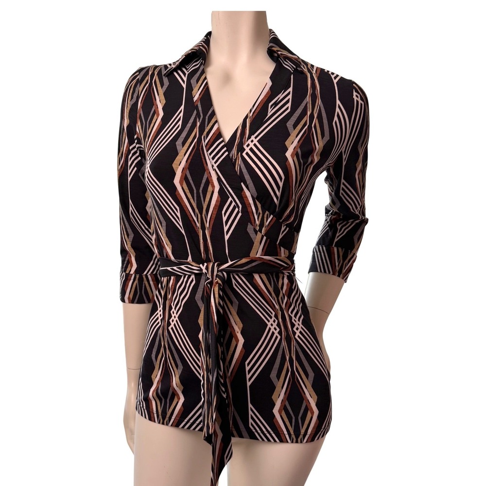 Le Chateau‎ Wrap Top Vintage Y2K Brown Black Geometric Print Collared Shirt  XS